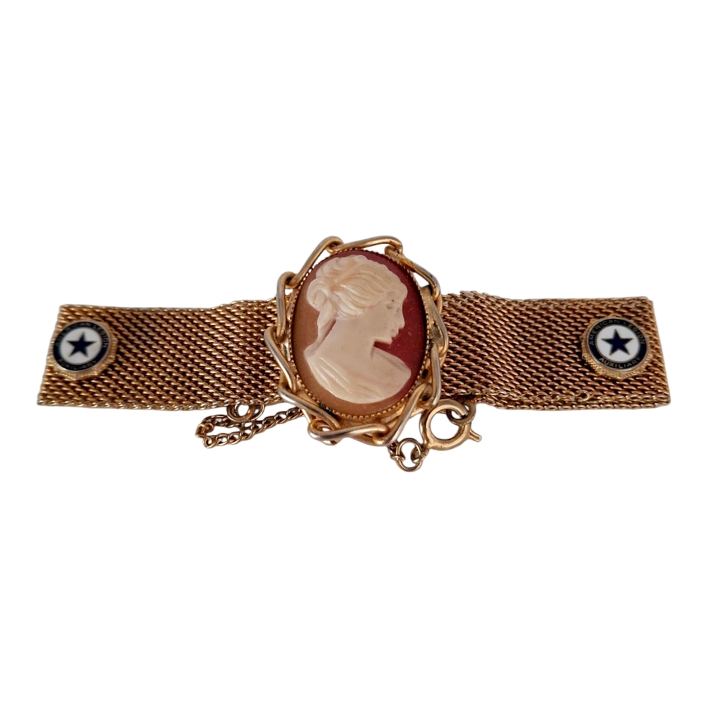 Vintage Cameo American Legion Auxiliary Bracelet with Gold Tone Mesh Band